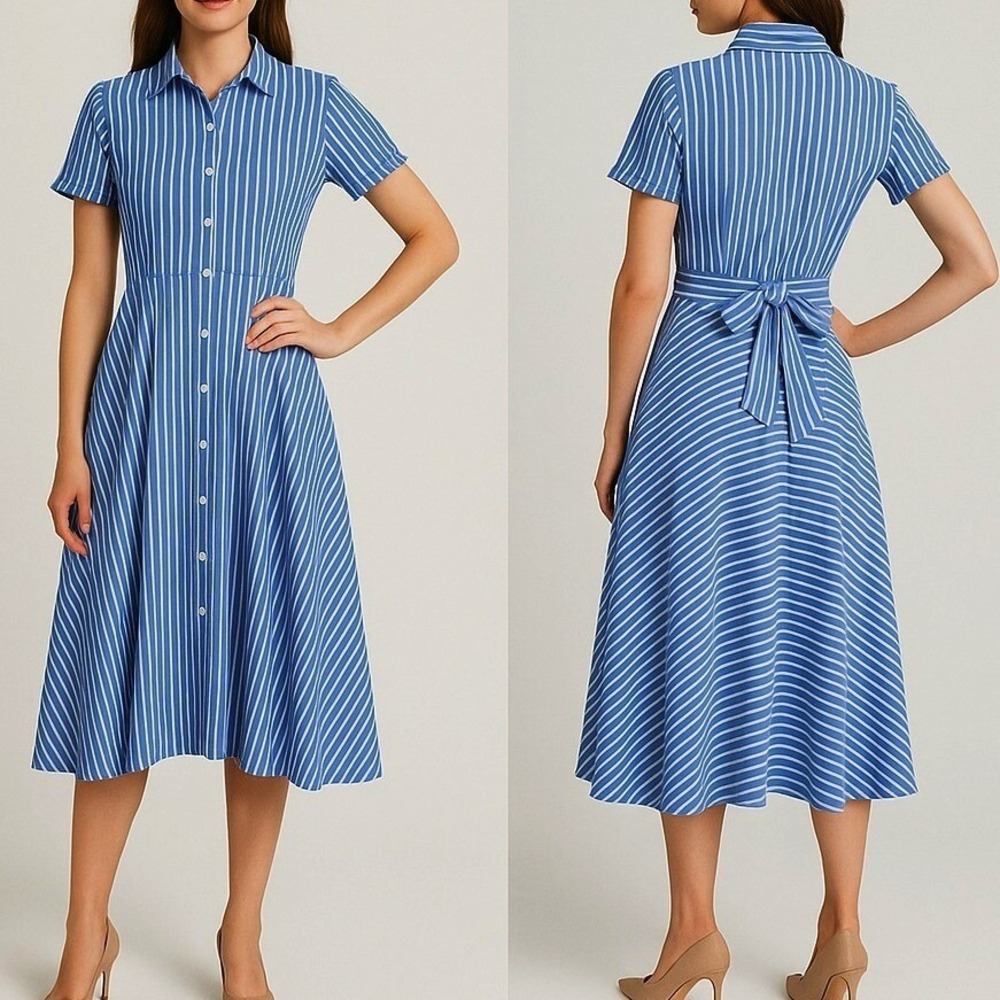 Ivy + Blu Striped Shirt Dress Fit‎ & Flare handkerchief hem Cotton Blue White 10